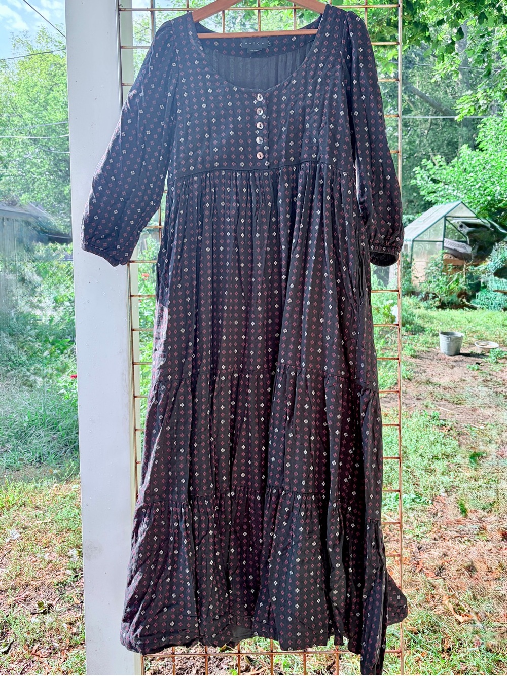 Hatch Black Patterned Tiered Maxi Dress with Button Front